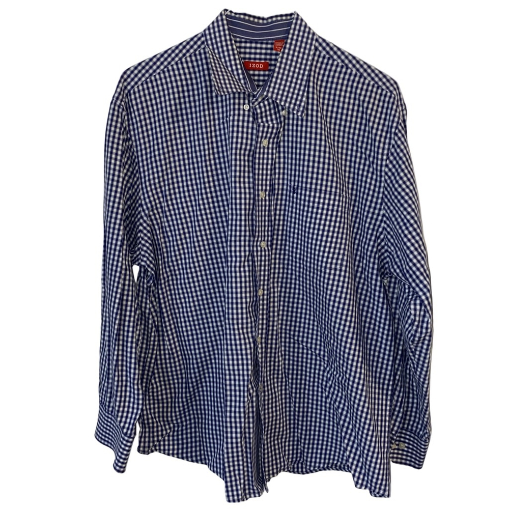 Men's IZOD Blue White Cotton Gingham Casual Button Down Shirt XL